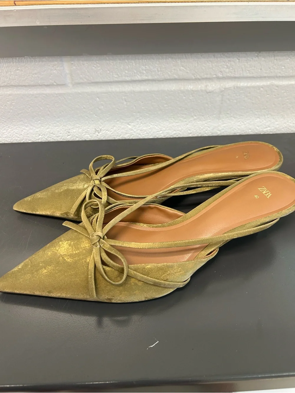 ZARA Olive Green Pointed Toe Bow kittenheel mules 40